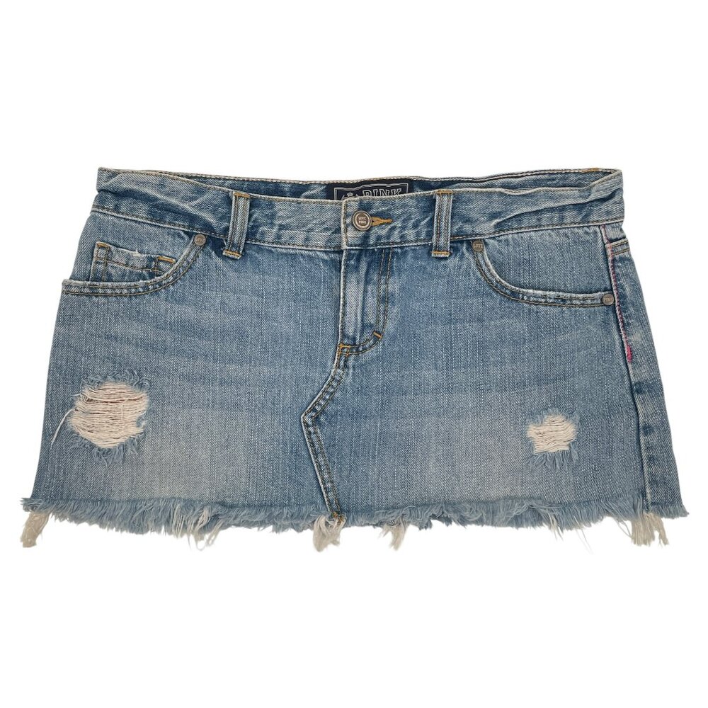 Victoria’s Secret PINK Denim Mini Blue Jean Skirt Distressed Frayed Hem Size 4